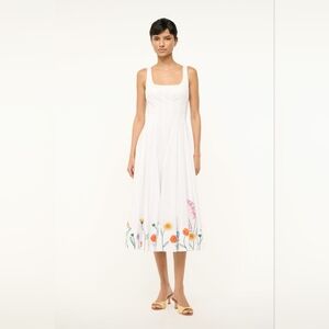 STAUD WELLS DRESS White Midi Dress with Colorful Floral Design